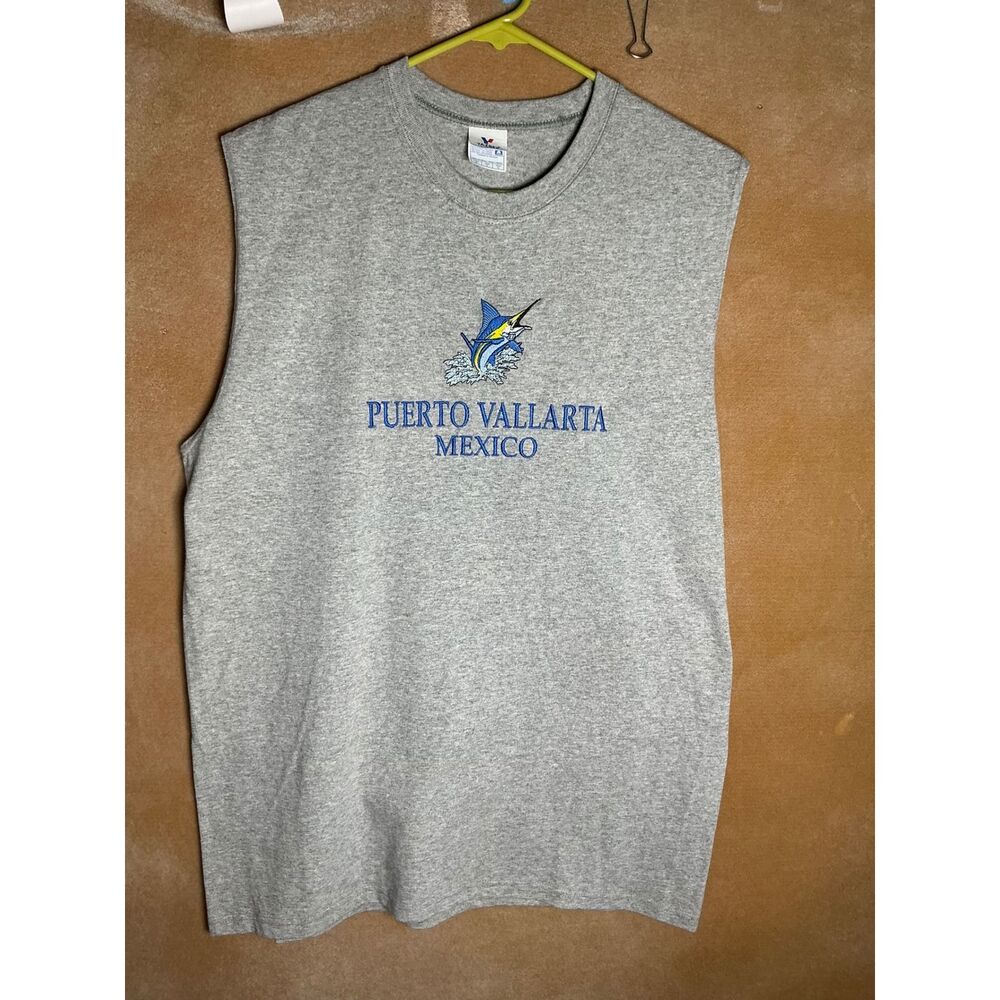 YAZBEK Puerto Vallarta Mexico Sleeveless T-Shirt Graphic Print Gray Size L‎